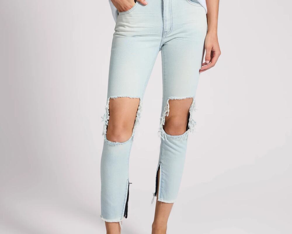 One Teaspoon Sz 26 High Waist Freebirds Light Wash Busted Zip Hem Tapered Jeans
